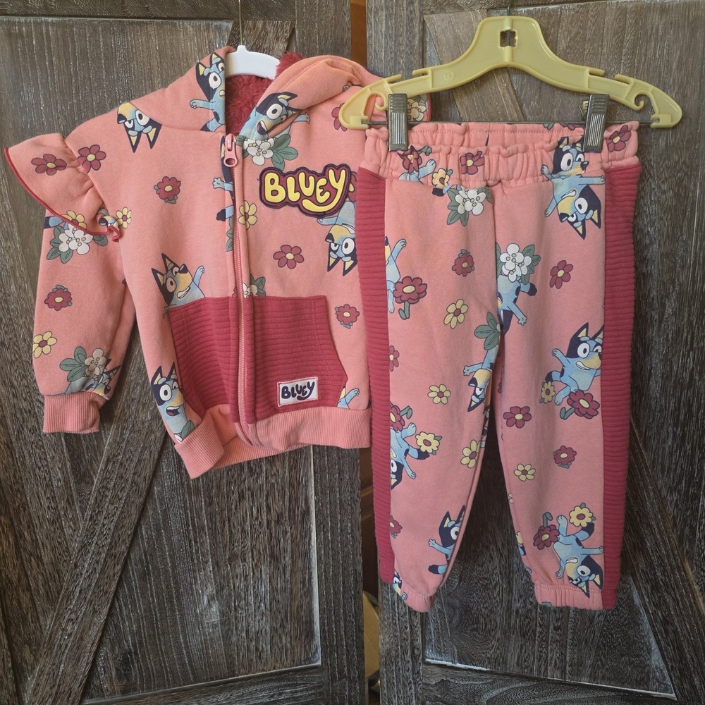 Bluey Hoodie & Pants Toddler Size 2T Melon Multi Color Full Zip Sweatsuit Fleece